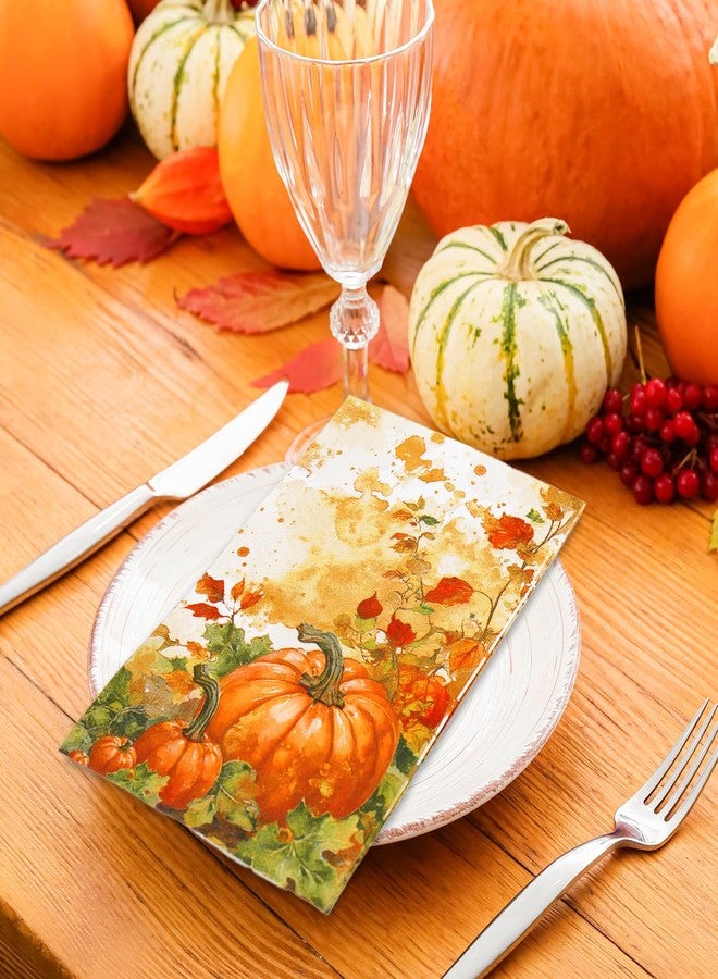 JarThenaAMCS 100 Pcs Fall Thanksgiving Paper Napkins Vintage Watercolor Pumpkins Disposable Guest Napkins for Autumn Harvest Dinner Holiday Party Bathroom Kitchen Home Table Decoration - Image 4